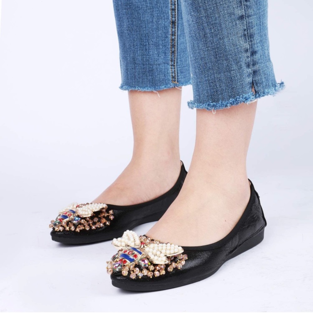Bee Pearl Rhinestone Flats Ballet Slip-On Shoes - Picture 6 of 7